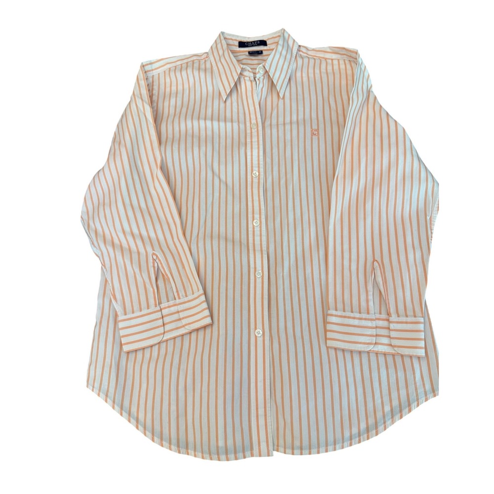 Chaps Womens Medium Orange White Striped Button Down Shirt Cotton Long Sleeve
